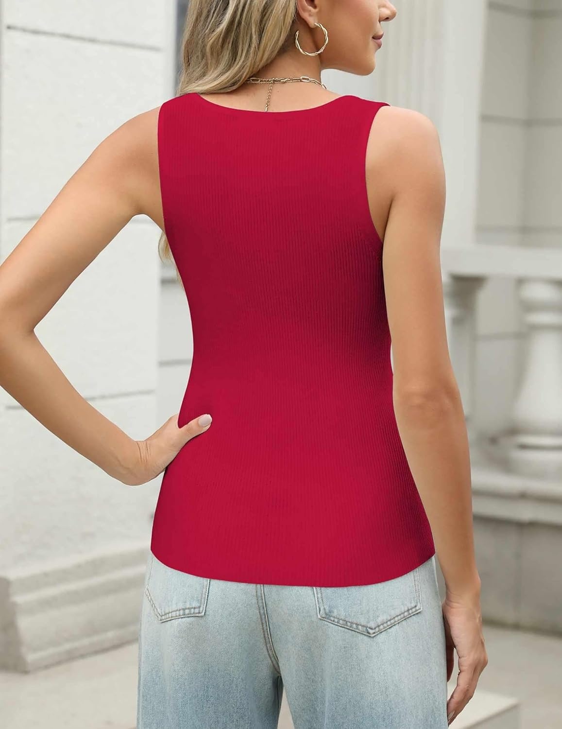 image:imageZeagoo Womens Ribbed Tank Tops 2026 V Neck Slim Fit Knit Sleeveless Shirts Casual Basic TeeDark Red