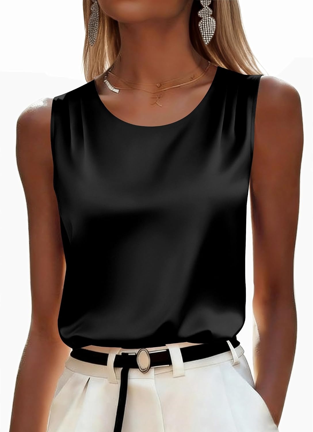 image:imageZeagoo Womens Satin Tank Top Pleated Sleeveless Blouse Dressy Casual Tops Crewneck Silk Shirts Business Summer ClothesAblack