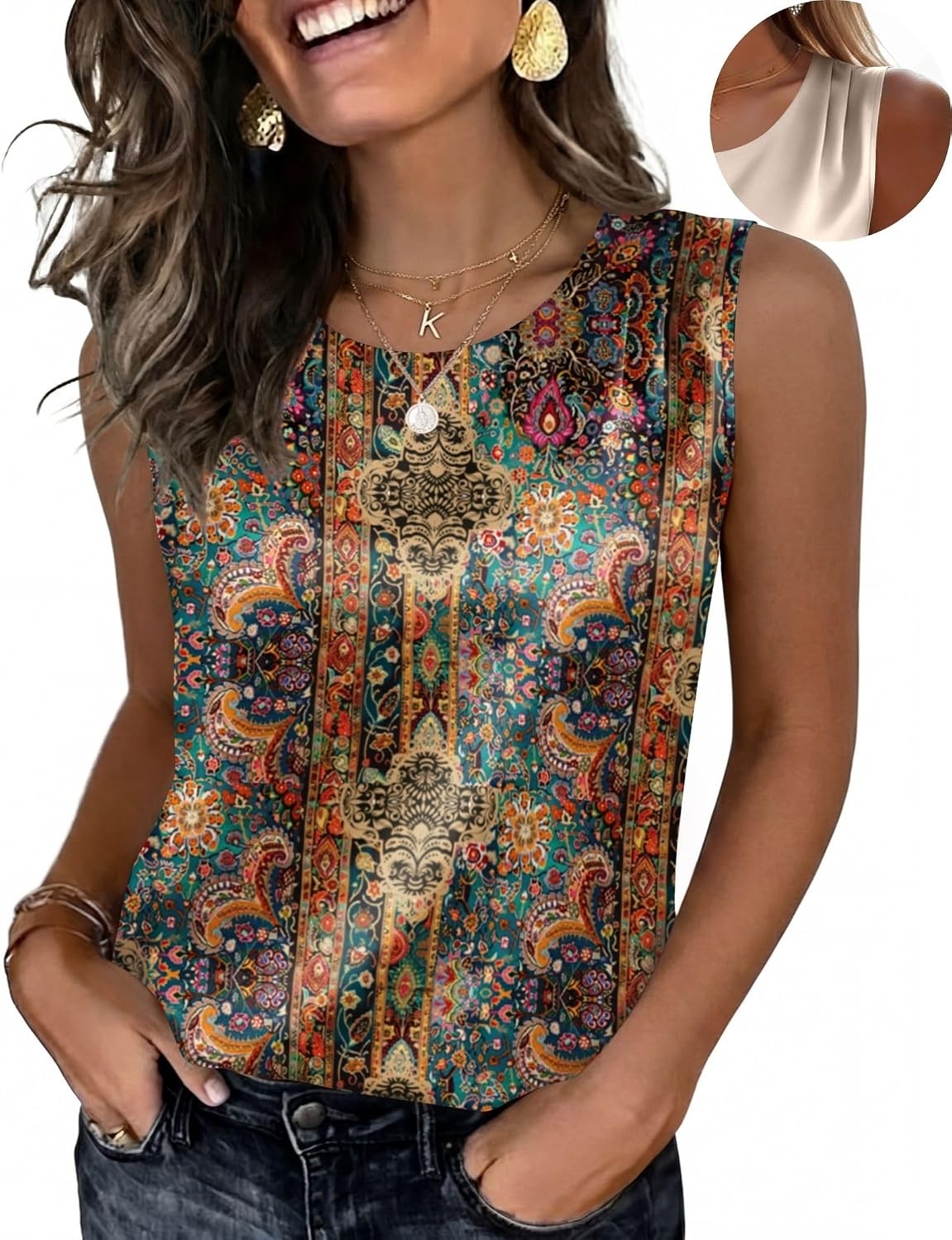 image:imageZeagoo Womens Satin Tank Top Pleated Sleeveless Blouse Dressy Casual Tops Crewneck Silk Shirts Business Summer ClothesAmz721 Multicolor