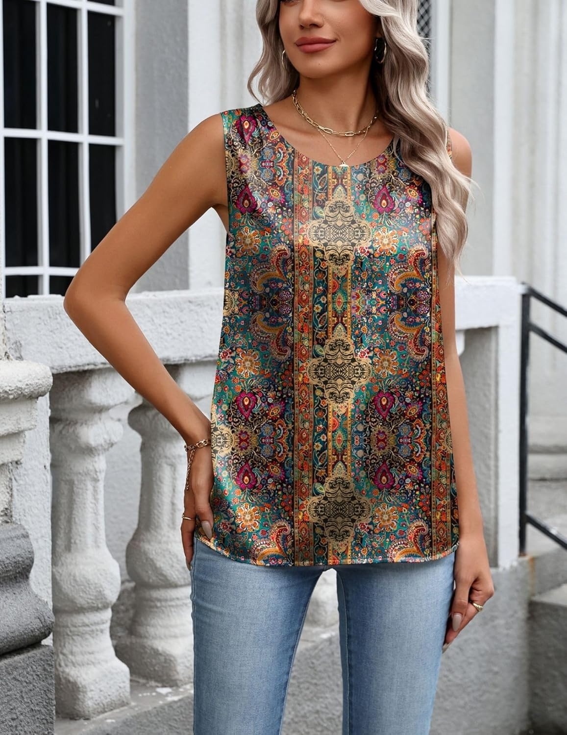 image:imageZeagoo Womens Satin Tank Top Pleated Sleeveless Blouse Dressy Casual Tops Crewneck Silk Shirts Business Summer ClothesAmz721 Multicolor