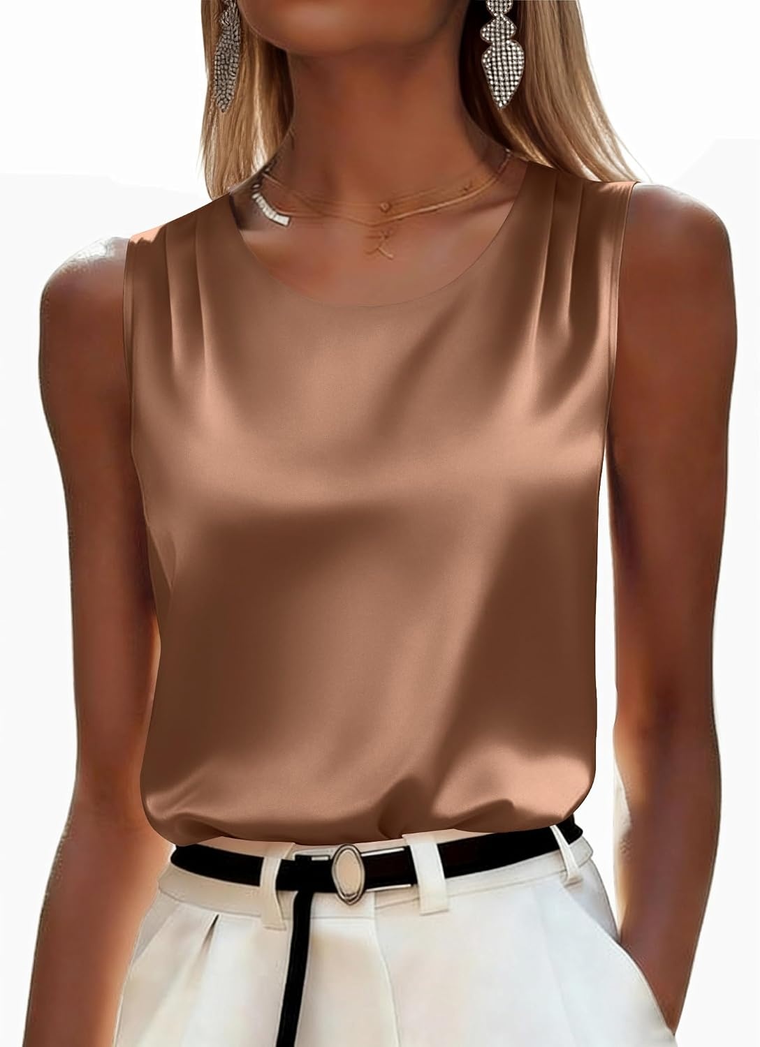 image:imageZeagoo Womens Satin Tank Top Pleated Sleeveless Blouse Dressy Casual Tops Crewneck Silk Shirts Business Summer ClothesDark Khaki