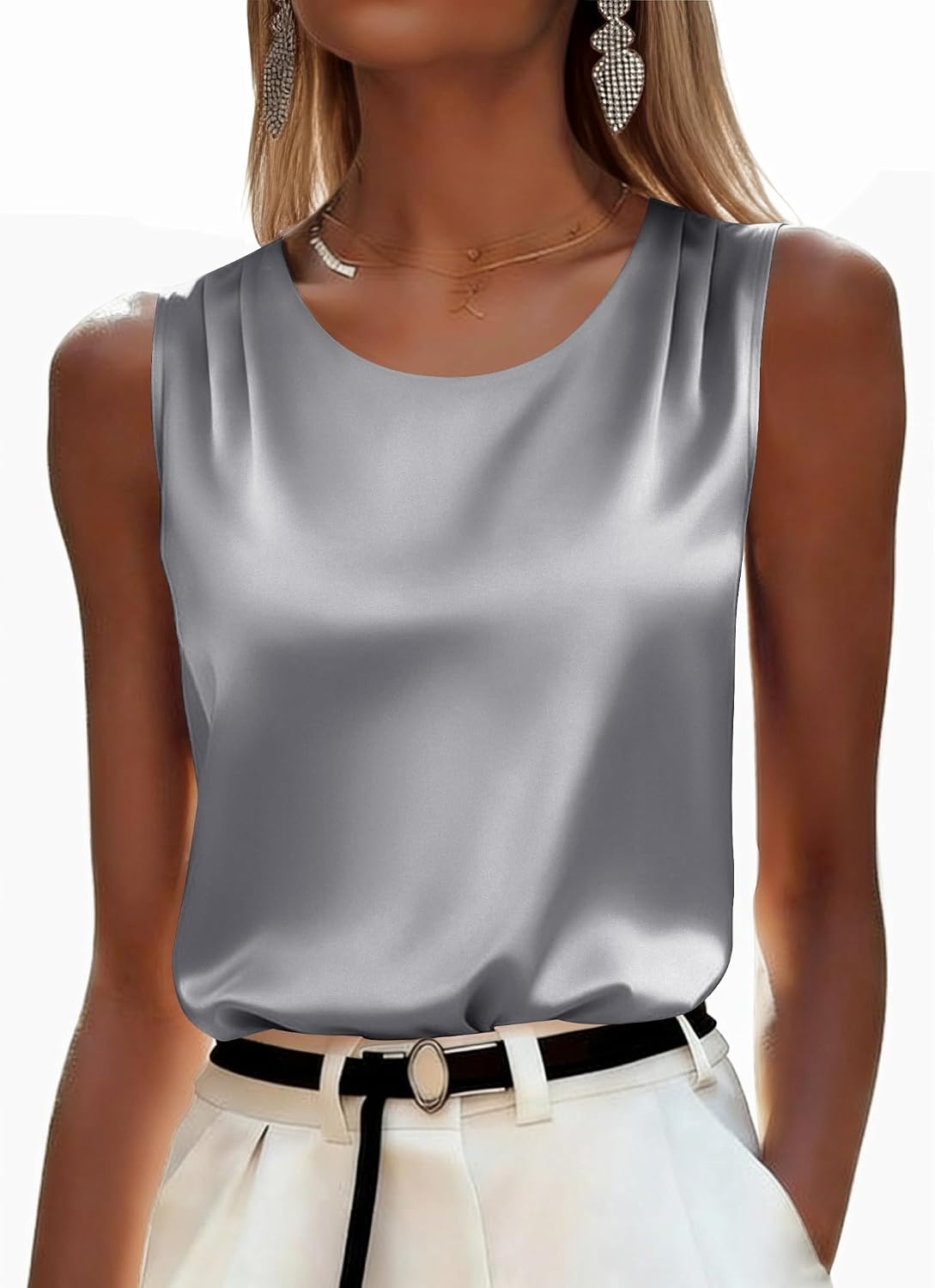 image:imageZeagoo Womens Satin Tank Top Pleated Sleeveless Blouse Dressy Casual Tops Crewneck Silk Shirts Business Summer ClothesGray