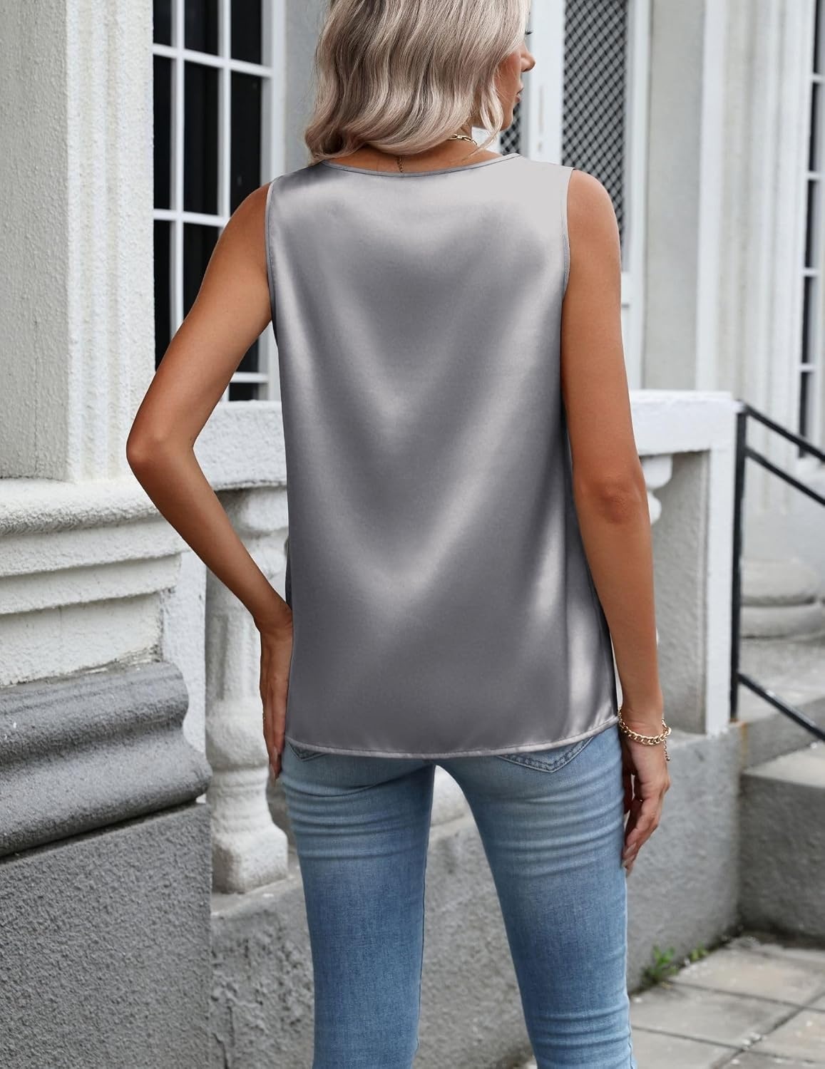 image:imageZeagoo Womens Satin Tank Top Pleated Sleeveless Blouse Dressy Casual Tops Crewneck Silk Shirts Business Summer ClothesGray