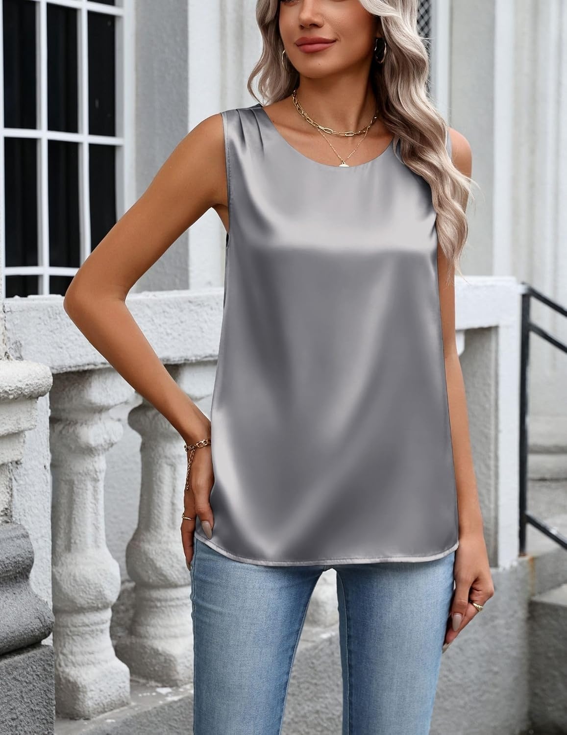 image:imageZeagoo Womens Satin Tank Top Pleated Sleeveless Blouse Dressy Casual Tops Crewneck Silk Shirts Business Summer ClothesGray