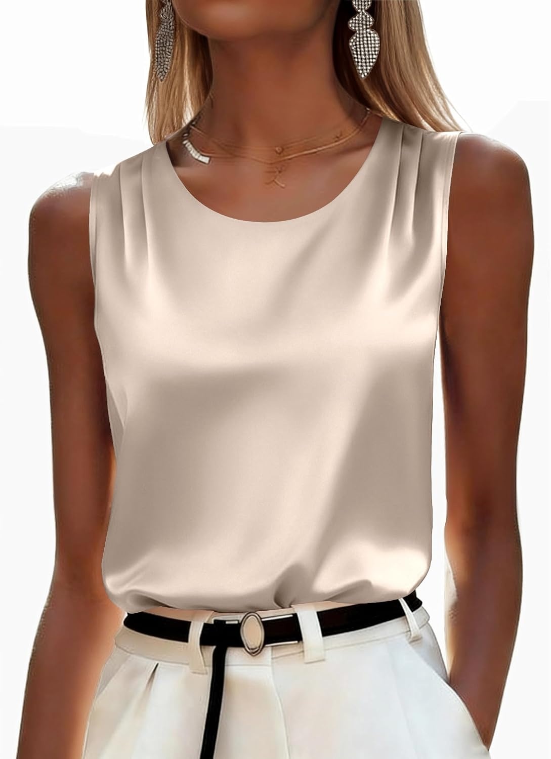 image:imageZeagoo Womens Satin Tank Top Pleated Sleeveless Blouse Dressy Casual Tops Crewneck Silk Shirts Business Summer ClothesLight Champagne