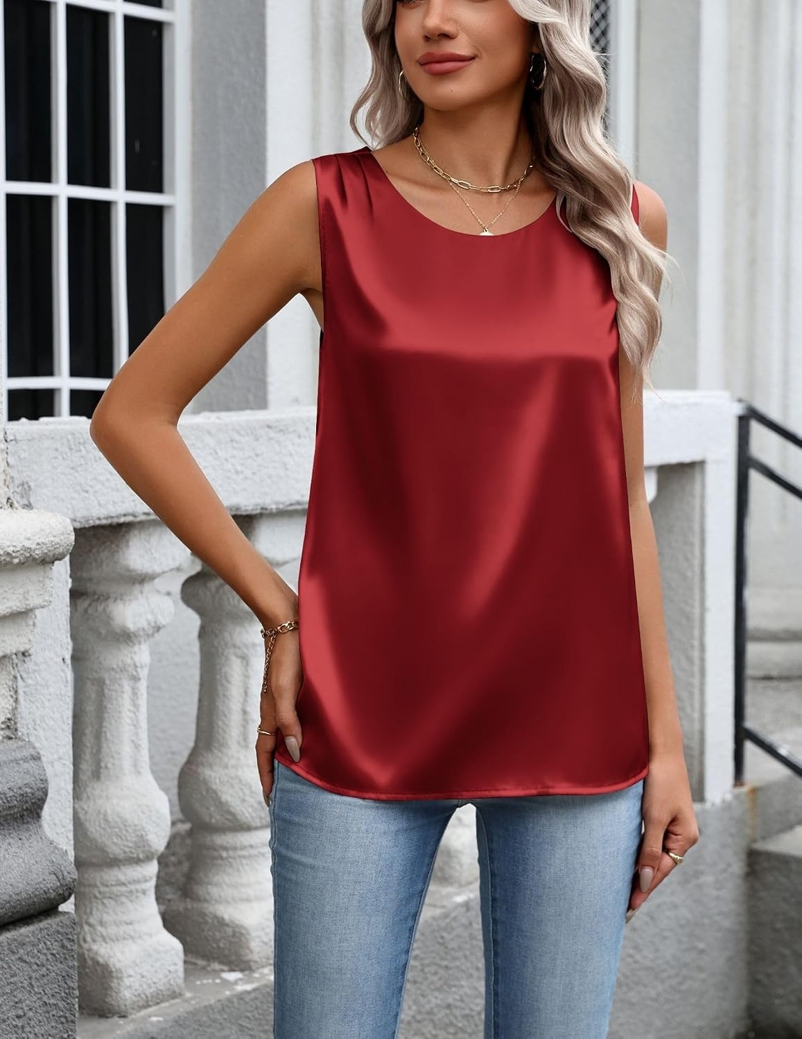 image:imageZeagoo Womens Satin Tank Top Pleated Sleeveless Blouse Dressy Casual Tops Crewneck Silk Shirts Business Summer ClothesRed