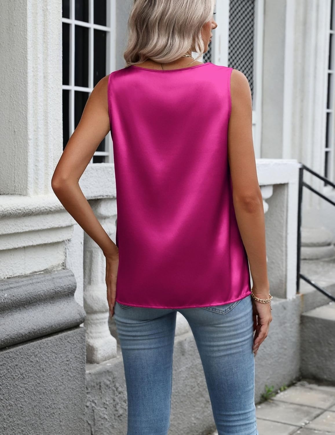 image:imageZeagoo Womens Satin Tank Top Pleated Sleeveless Blouse Dressy Casual Tops Crewneck Silk Shirts Business Summer ClothesRose Red