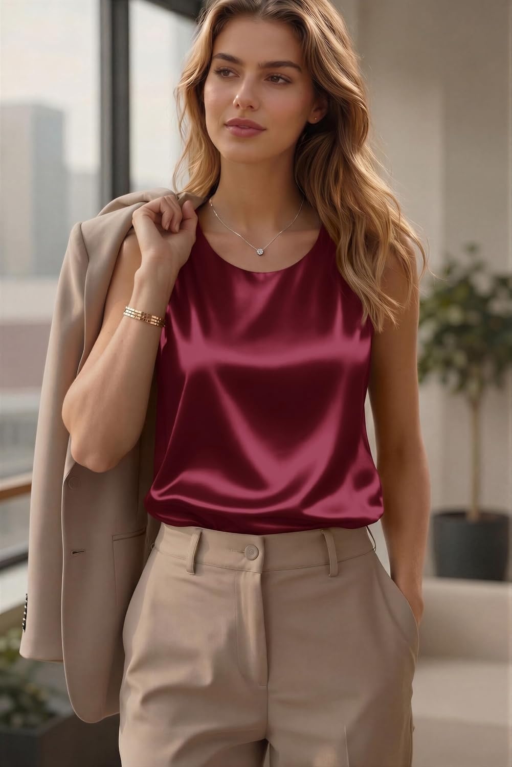 image:imageZeagoo Womens Satin Tank Top Pleated Sleeveless Blouse Dressy Casual Tops Crewneck Silk Shirts Business Summer ClothesWine Red