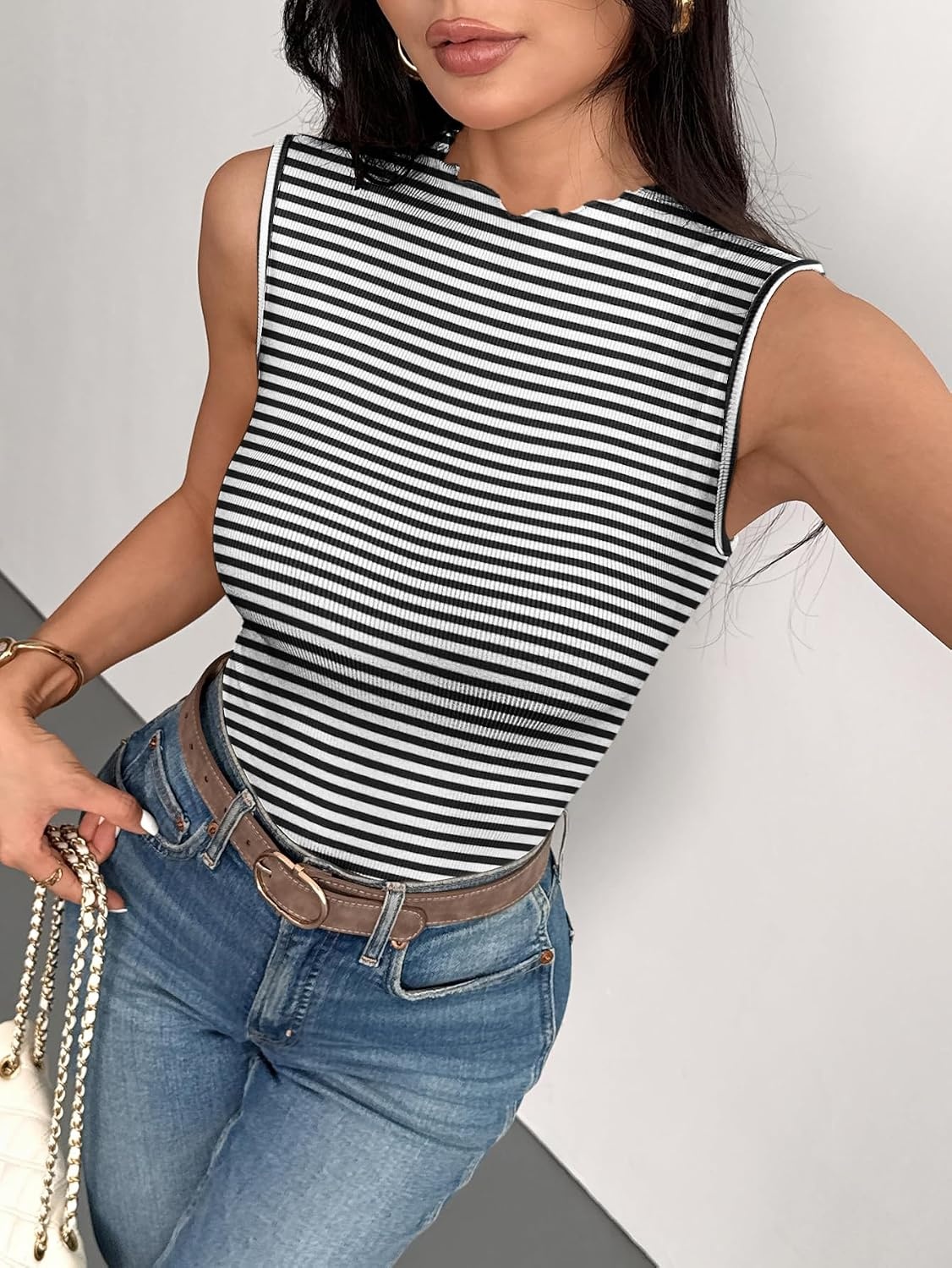 image:imageZeagoo Womens Sleeveless Mock Turtleneck Tank Tops Ribbed Lettuce Trim Tops Basic Slim Fit Shirts Casual Summer Clothes 2026Blackwhite Stripe