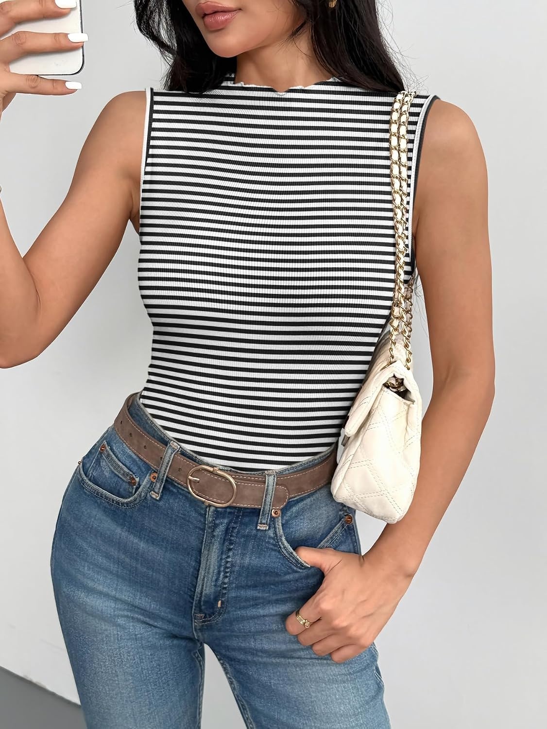 image:imageZeagoo Womens Sleeveless Mock Turtleneck Tank Tops Ribbed Lettuce Trim Tops Basic Slim Fit Shirts Casual Summer Clothes 2026Blackwhite Stripe