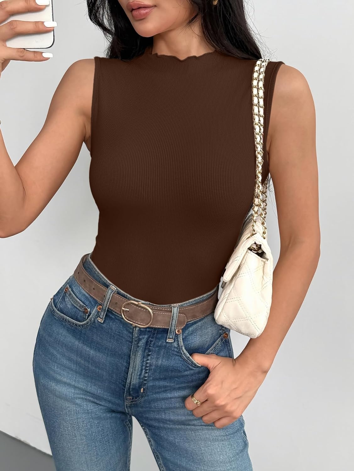 image:imageZeagoo Womens Sleeveless Mock Turtleneck Tank Tops Ribbed Lettuce Trim Tops Basic Slim Fit Shirts Casual Summer Clothes 2026Browm