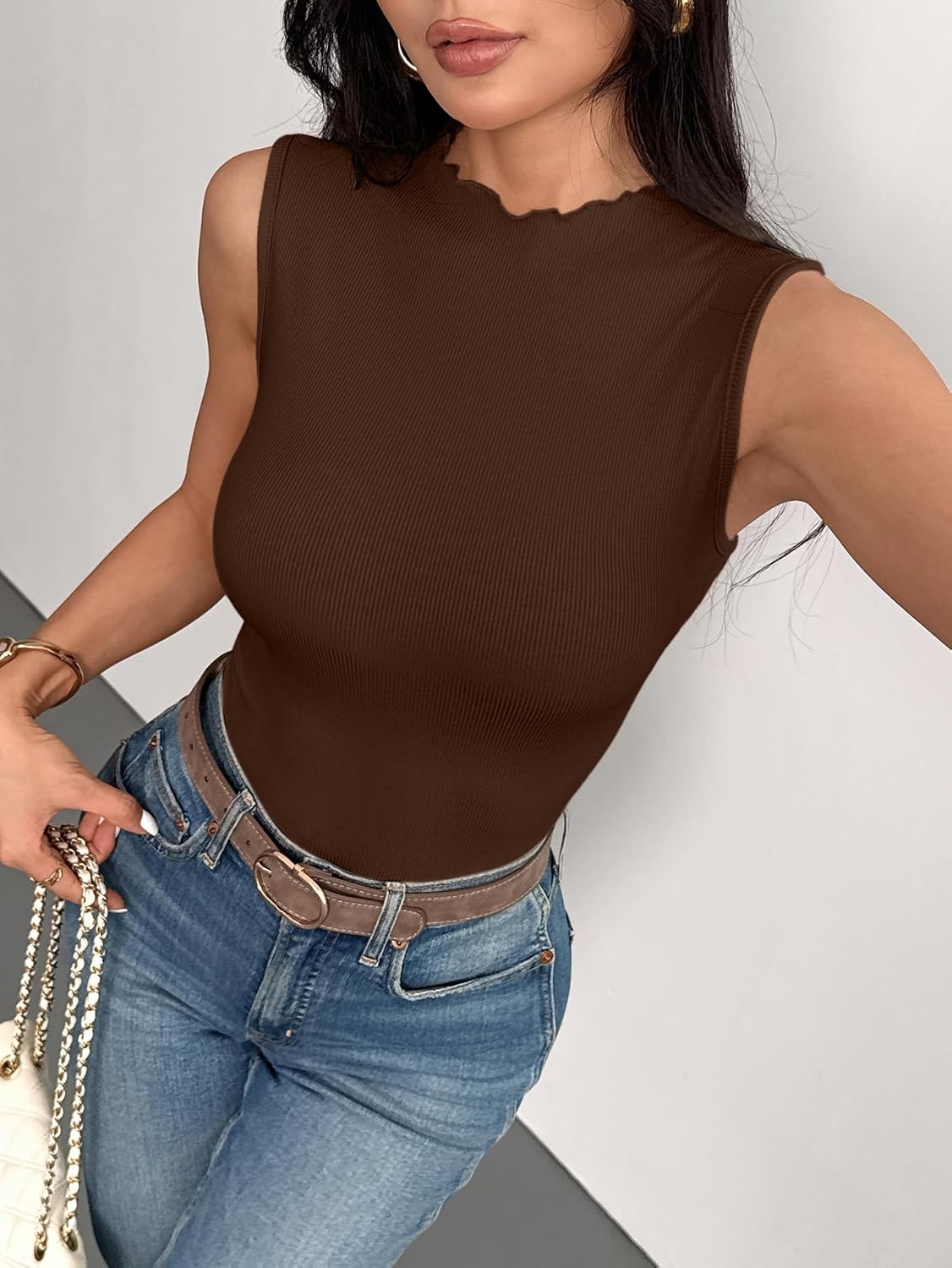 image:imageZeagoo Womens Sleeveless Mock Turtleneck Tank Tops Ribbed Lettuce Trim Tops Basic Slim Fit Shirts Casual Summer Clothes 2026Browm