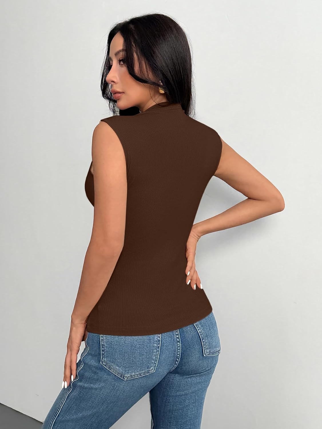 image:imageZeagoo Womens Sleeveless Mock Turtleneck Tank Tops Ribbed Lettuce Trim Tops Basic Slim Fit Shirts Casual Summer Clothes 2026Browm
