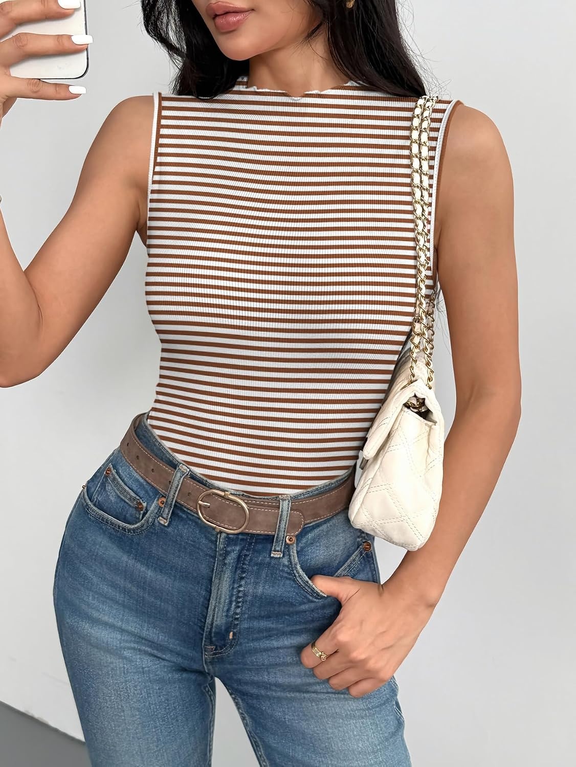image:imageZeagoo Womens Sleeveless Mock Turtleneck Tank Tops Ribbed Lettuce Trim Tops Basic Slim Fit Shirts Casual Summer Clothes 2026Brownwhite Stripe