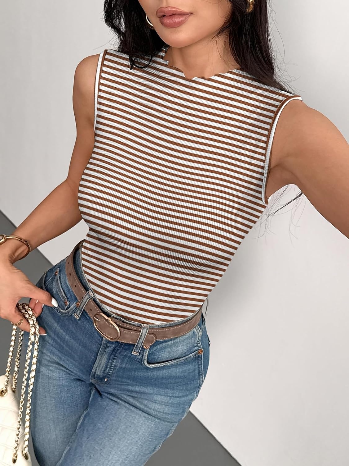 image:imageZeagoo Womens Sleeveless Mock Turtleneck Tank Tops Ribbed Lettuce Trim Tops Basic Slim Fit Shirts Casual Summer Clothes 2026Brownwhite Stripe