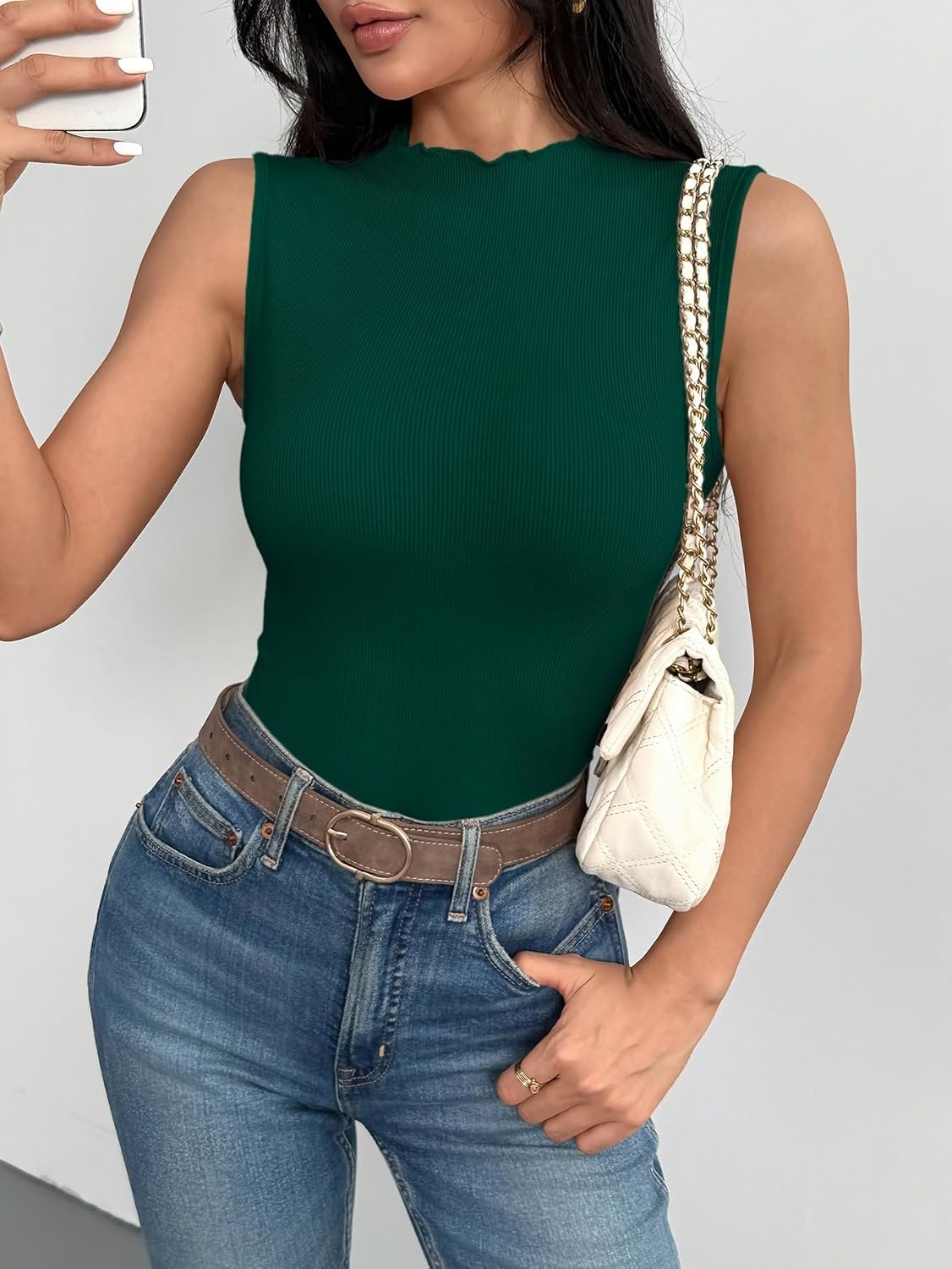 image:imageZeagoo Womens Sleeveless Mock Turtleneck Tank Tops Ribbed Lettuce Trim Tops Basic Slim Fit Shirts Casual Summer Clothes 2026Green