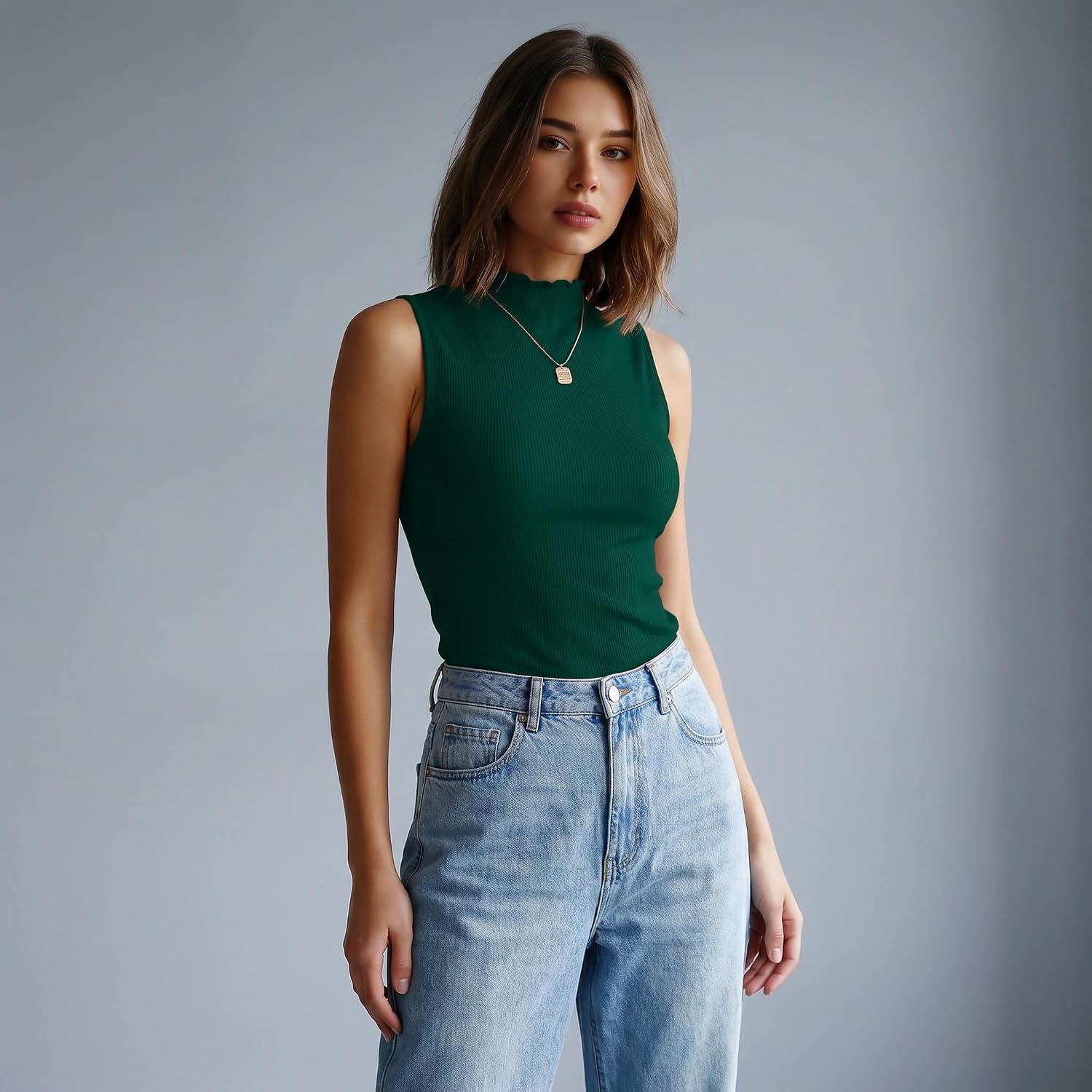 image:imageZeagoo Womens Sleeveless Mock Turtleneck Tank Tops Ribbed Lettuce Trim Tops Basic Slim Fit Shirts Casual Summer Clothes 2026Green