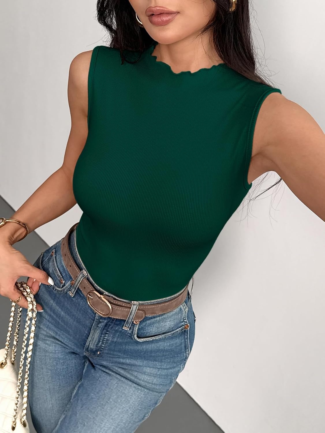 image:imageZeagoo Womens Sleeveless Mock Turtleneck Tank Tops Ribbed Lettuce Trim Tops Basic Slim Fit Shirts Casual Summer Clothes 2026Green
