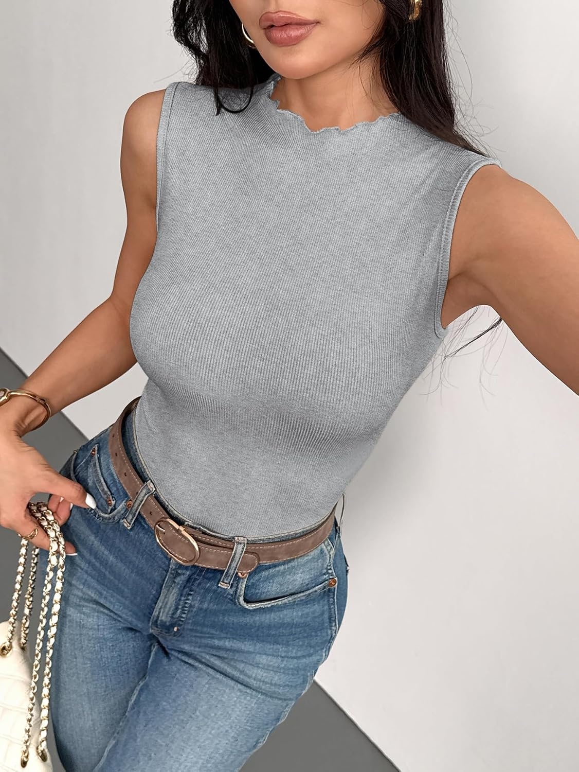image:imageZeagoo Womens Sleeveless Mock Turtleneck Tank Tops Ribbed Lettuce Trim Tops Basic Slim Fit Shirts Casual Summer Clothes 2026Grey