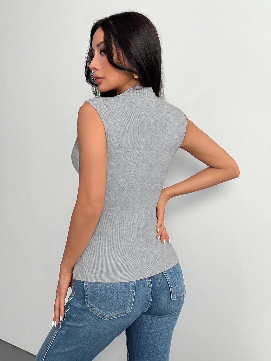 image:imageZeagoo Womens Sleeveless Mock Turtleneck Tank Tops Ribbed Lettuce Trim Tops Basic Slim Fit Shirts Casual Summer Clothes 2026Grey