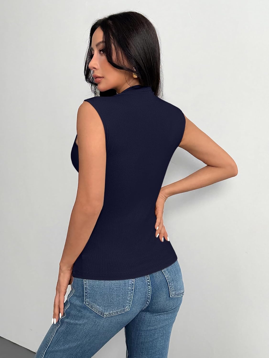 image:imageZeagoo Womens Sleeveless Mock Turtleneck Tank Tops Ribbed Lettuce Trim Tops Basic Slim Fit Shirts Casual Summer Clothes 2026Navy Blue