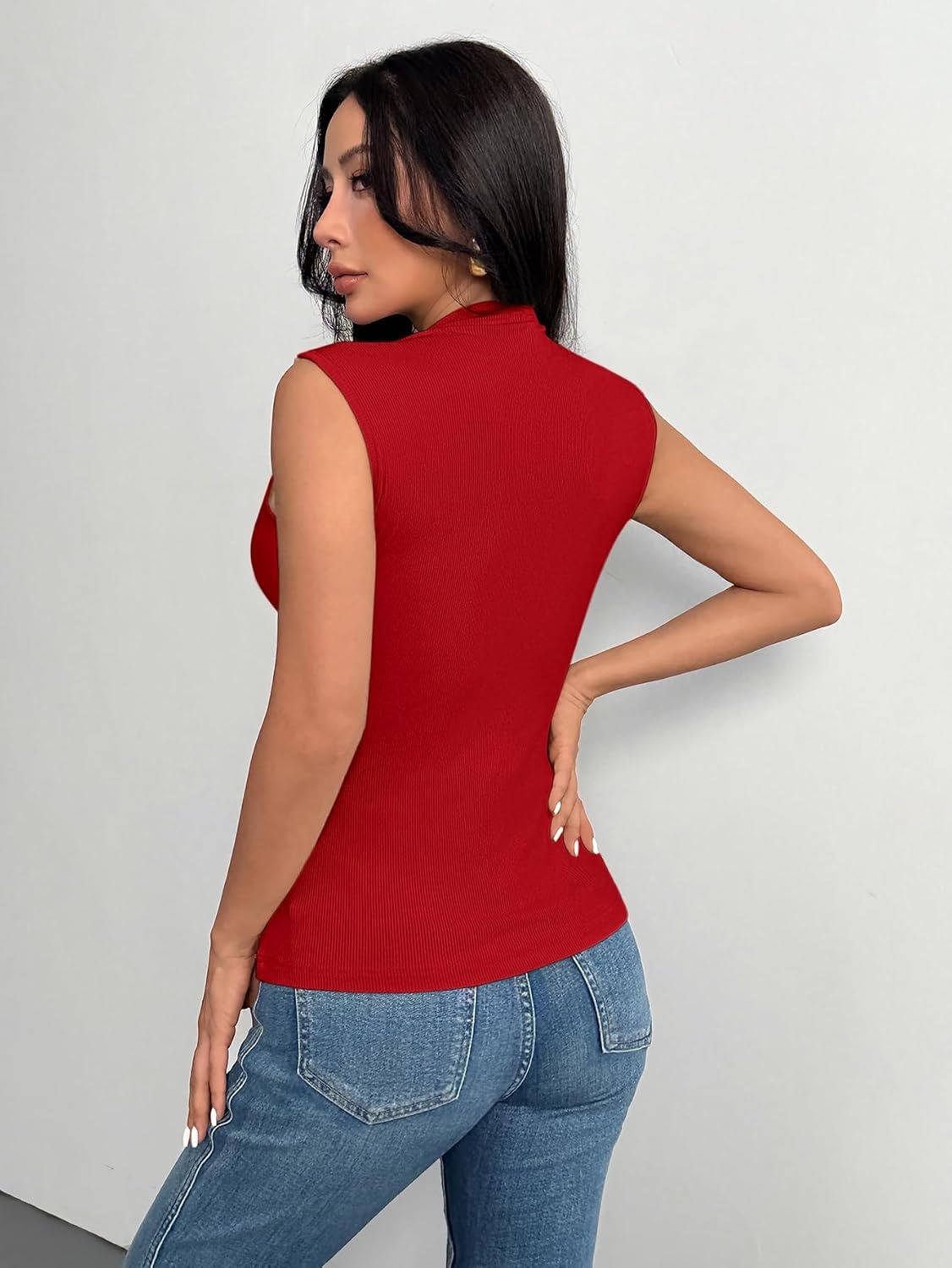 image:imageZeagoo Womens Sleeveless Mock Turtleneck Tank Tops Ribbed Lettuce Trim Tops Basic Slim Fit Shirts Casual Summer Clothes 2026Red