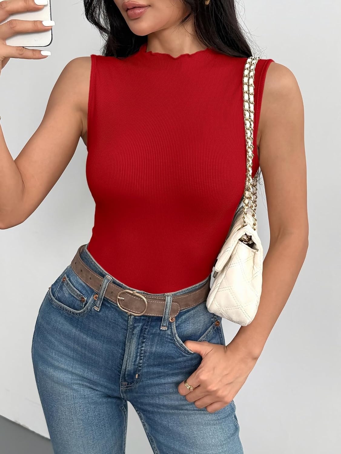 image:imageZeagoo Womens Sleeveless Mock Turtleneck Tank Tops Ribbed Lettuce Trim Tops Basic Slim Fit Shirts Casual Summer Clothes 2026Red