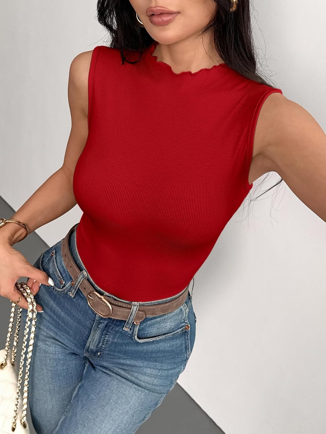 image:imageZeagoo Womens Sleeveless Mock Turtleneck Tank Tops Ribbed Lettuce Trim Tops Basic Slim Fit Shirts Casual Summer Clothes 2026Red