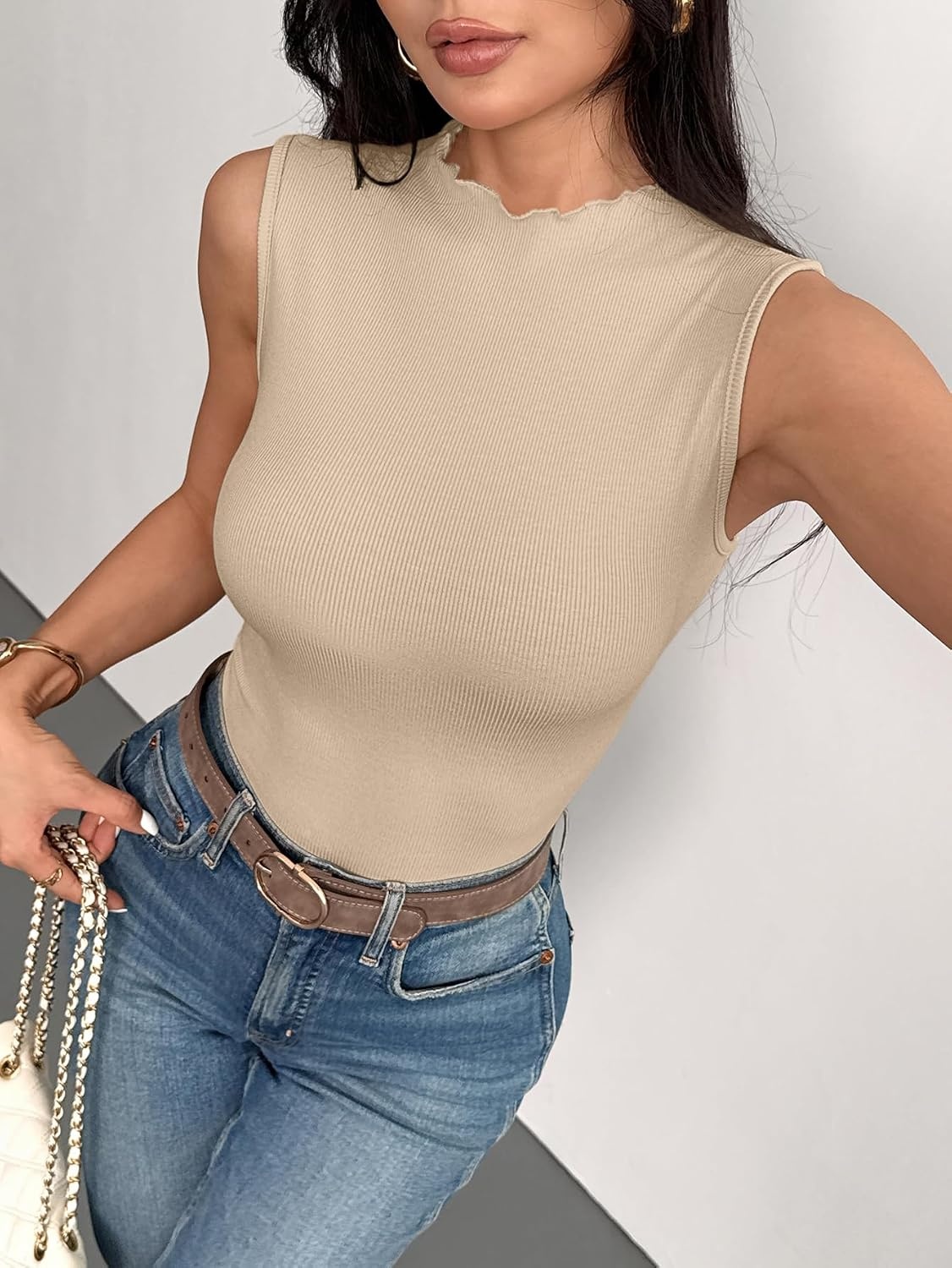 image:imageZeagoo Womens Sleeveless Mock Turtleneck Tank Tops Ribbed Lettuce Trim Tops Basic Slim Fit Shirts Casual Summer Clothes 2026Warm Apricot