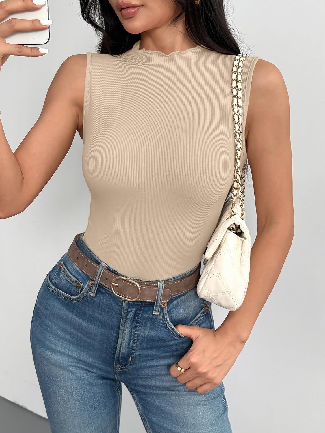 image:imageZeagoo Womens Sleeveless Mock Turtleneck Tank Tops Ribbed Lettuce Trim Tops Basic Slim Fit Shirts Casual Summer Clothes 2026Warm Apricot