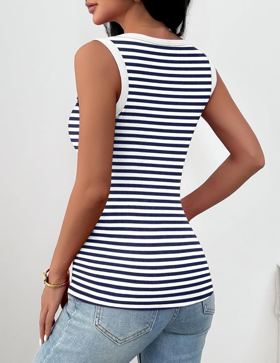 image:imageZeagoo Womens Square Neck Ribbed Tank Tops 2026 Summer Casual Slim Fit Basic Sleeveless Shirts Cute Going Out TopE Stripe Navy White
