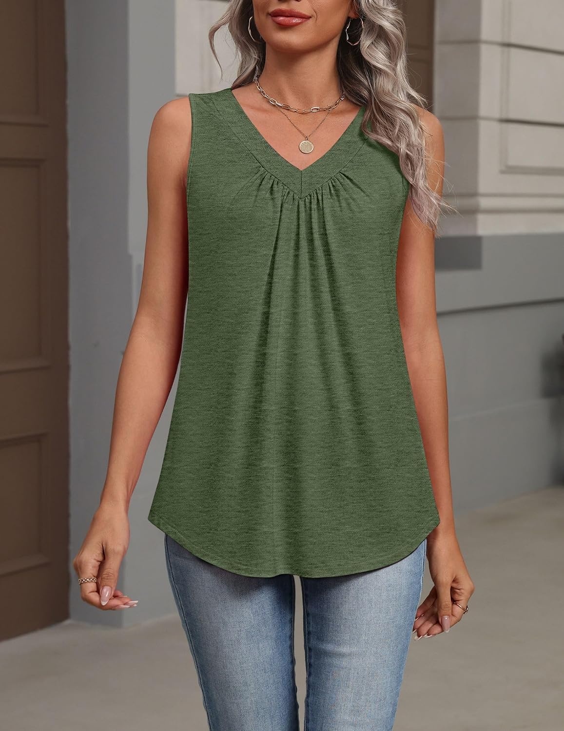 image:imageZeagoo Womens Tank Tops Summer Sleeveless Loose Fit Tops V Neck Pleated Shirts Basic Tees Dressy Casual Trendy ClothesArmy Green