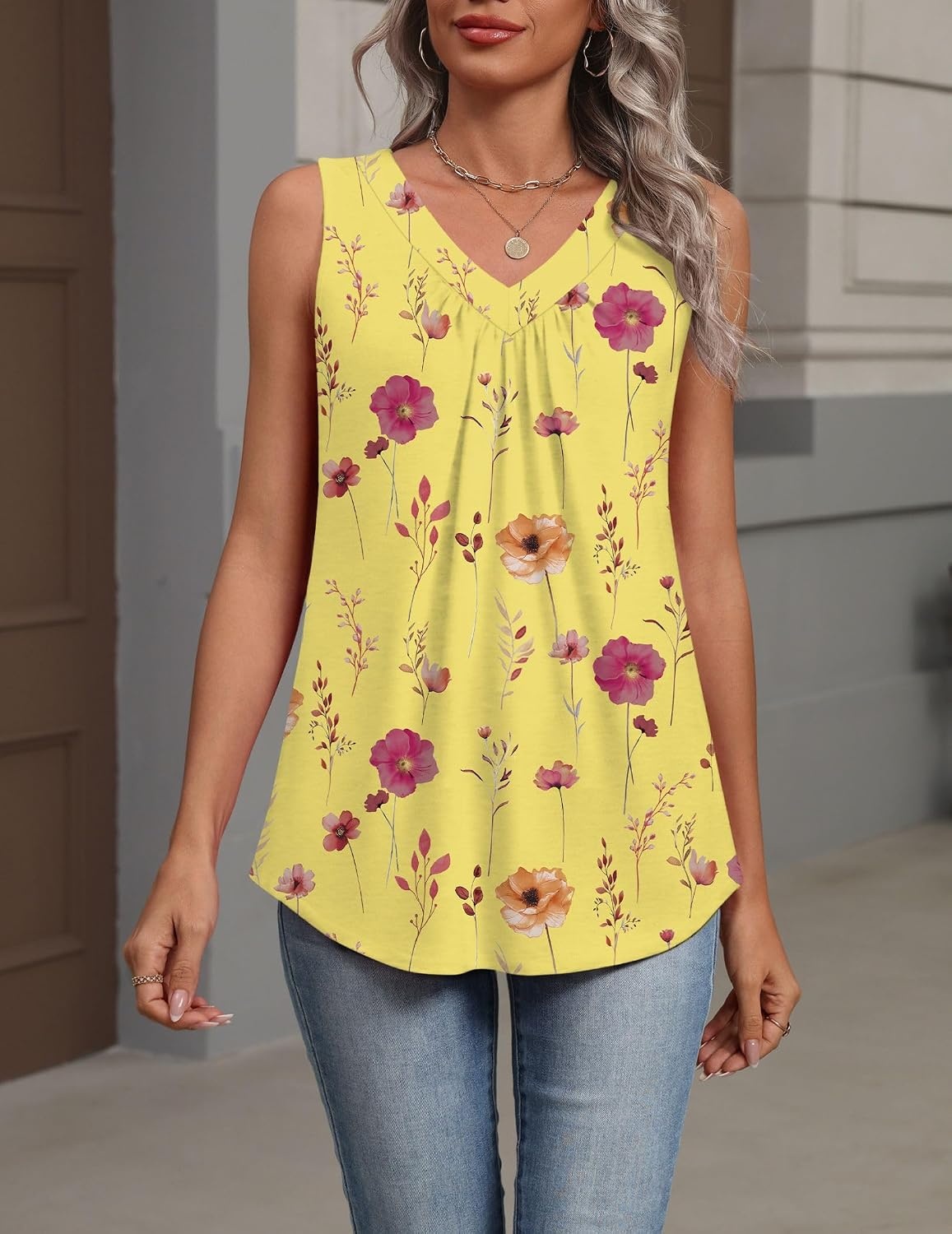 image:imageZeagoo Womens Tank Tops Summer Sleeveless Loose Fit Tops V Neck Pleated Shirts Basic Tees Dressy Casual Trendy ClothesBf351yellow