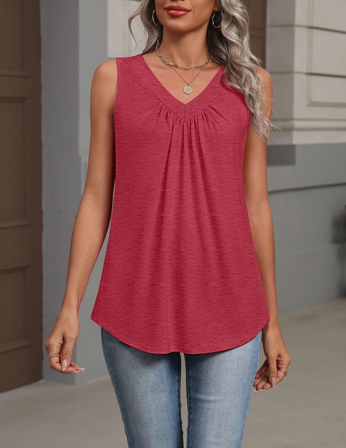 image:imageZeagoo Womens Tank Tops Summer Sleeveless Loose Fit Tops V Neck Pleated Shirts Basic Tees Dressy Casual Trendy ClothesRed