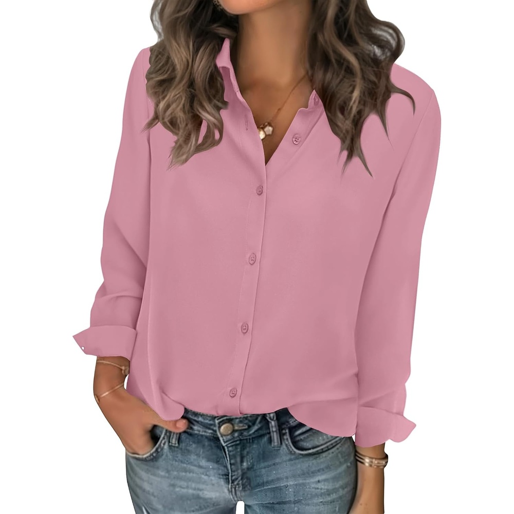 image:imageZeagoo Women Blouses Chiffon Long Sleeve Button Down Shirts Business Causal Dressy Work Top V Neck Summer Spring ClothesPink