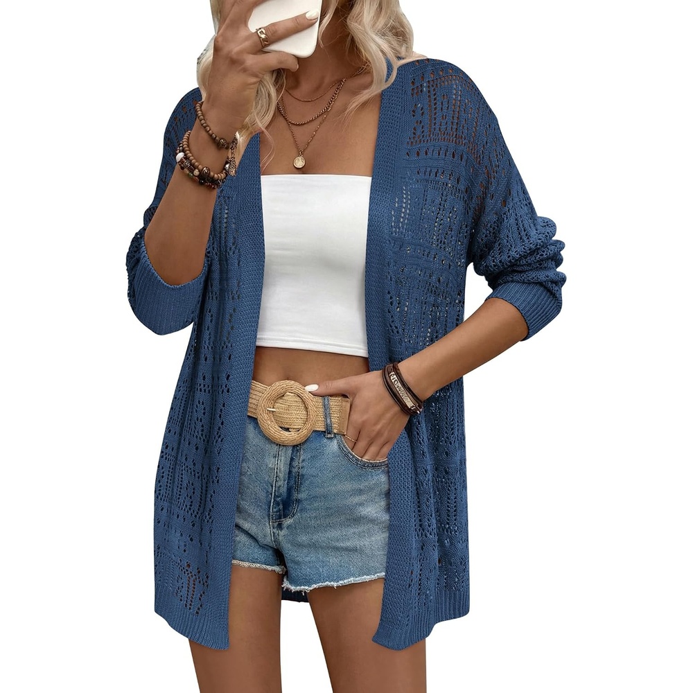 image:imageZeagoo Womens 2026 Summer Crochet Cardigan Sweaters Lightweight Long Sleeve Open Front Kimono Boho Knit Cover UpsDark Blue