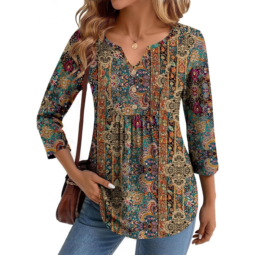 image:imageZeagoo Womens 34 Length Sleeve Tops V Neck Dressy Casual T Shirts Pleated Business Work Blouses Basic Tees S3XLMz721
