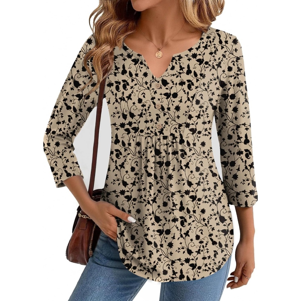 image:imageZeagoo Womens 34 Length Sleeve Tops V Neck Dressy Casual T Shirts Pleated Business Work Blouses Basic Tees S3XLSf154