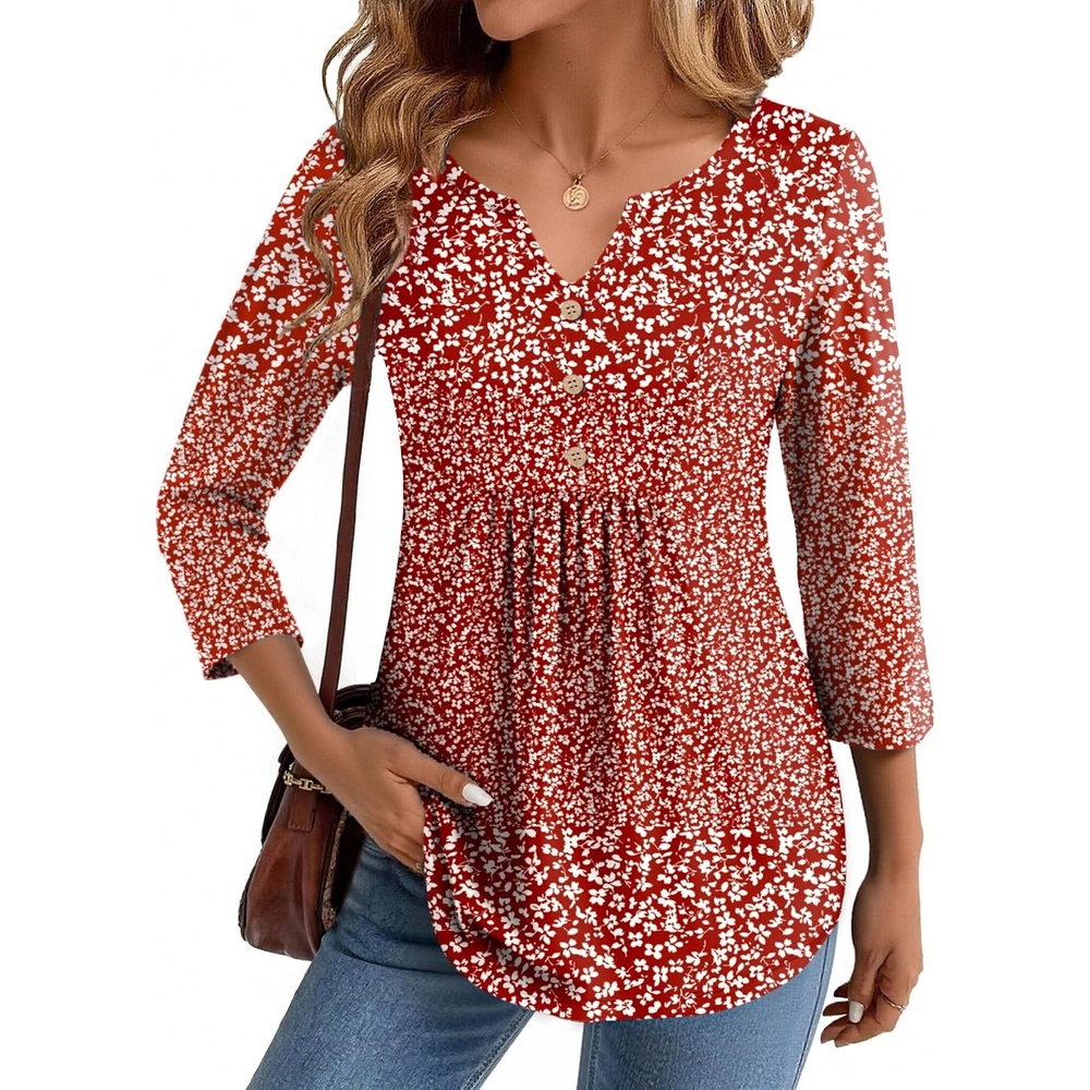 image:imageZeagoo Womens 34 Length Sleeve Tops V Neck Dressy Casual T Shirts Pleated Business Work Blouses Basic Tees S3XLXh518