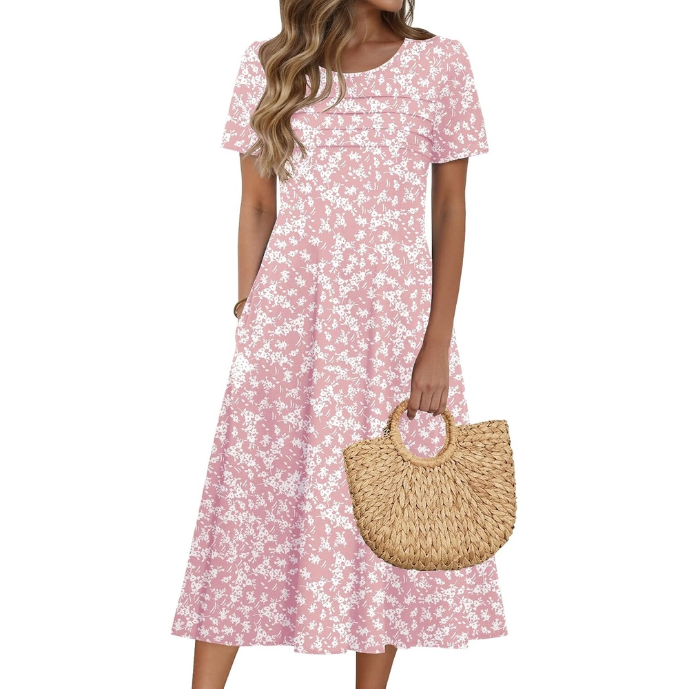image:imageZeagoo Womens Casual Dresses for Summer Short Sleeve Flare Midi Dress Loose Beach Sundress Pleated Front Dress with PocketsPink Xh530