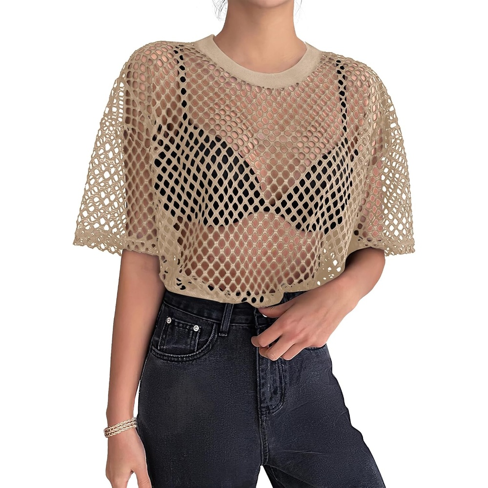 image:imageZeagoo Womens Mesh T Shirts Short Sleeve Casual Tops Hollow Out Pullover Shirts Crewneck Sexy Fishnet Crop Tee SXXLCoffee