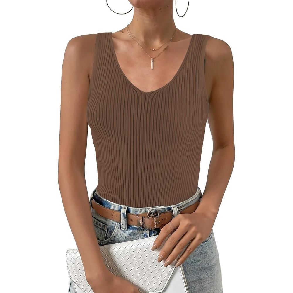 image:imageZeagoo Womens Ribbed Tank Tops 2026 V Neck Slim Fit Knit Sleeveless Shirts Casual Basic TeeBrown