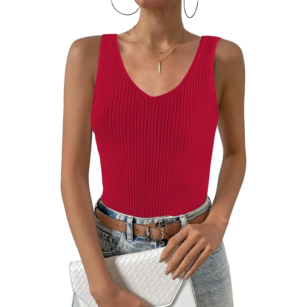 image:imageZeagoo Womens Ribbed Tank Tops 2026 V Neck Slim Fit Knit Sleeveless Shirts Casual Basic TeeDark Red