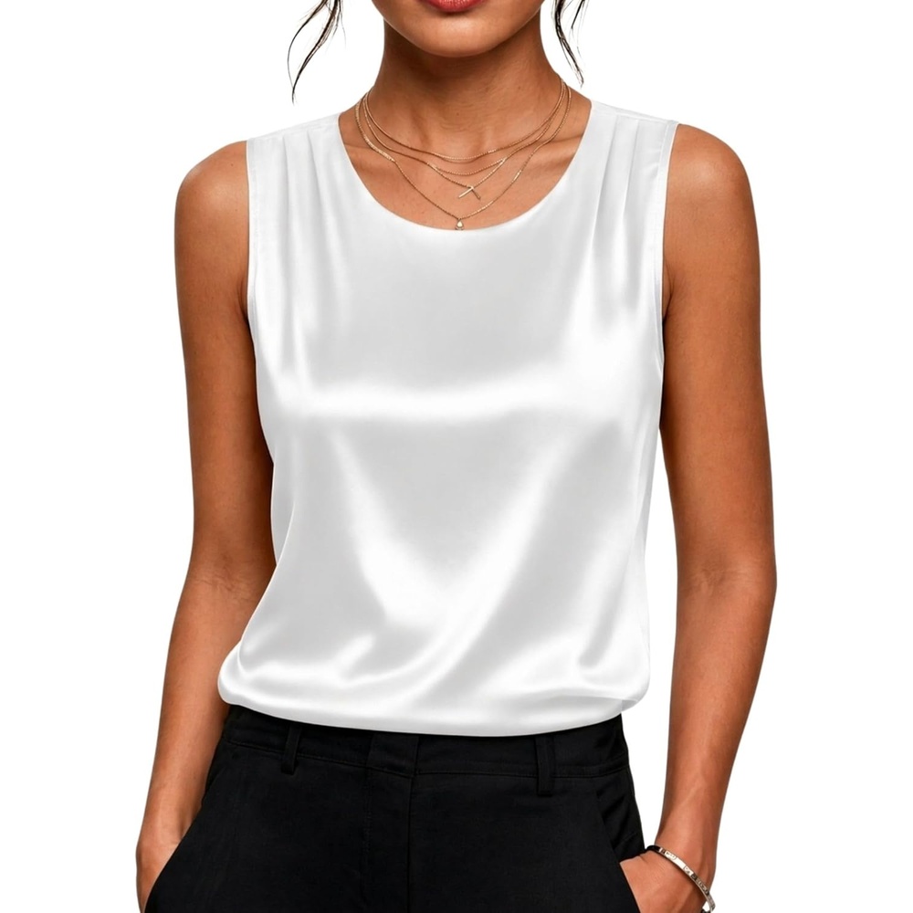 image:imageZeagoo Womens Satin Tank Top Pleated Sleeveless Blouse Dressy Casual Tops Crewneck Silk Shirts Business Summer ClothesAawhite