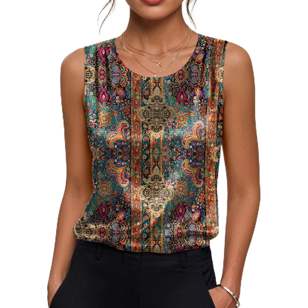 image:imageZeagoo Womens Satin Tank Top Pleated Sleeveless Blouse Dressy Casual Tops Crewneck Silk Shirts Business Summer ClothesAmz721 Multicolor