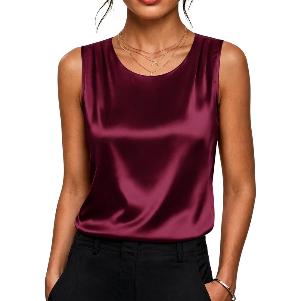 image:imageZeagoo Womens Satin Tank Top Pleated Sleeveless Blouse Dressy Casual Tops Crewneck Silk Shirts Business Summer ClothesWine Red