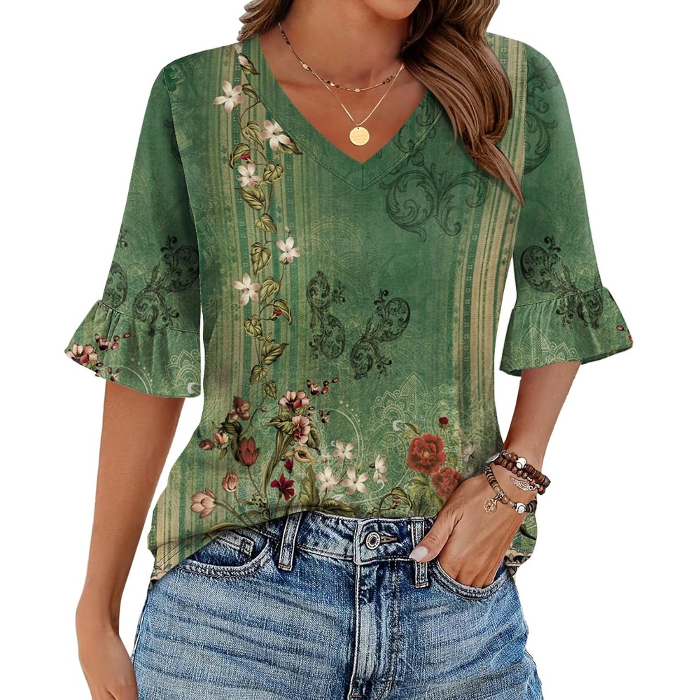 image:imageZeagoo Womens Tops Casual V Neck Shirts Floral Solid Blouse Ruffle Tunics 34 Sleeve Tshirt SXXLGreen Painting