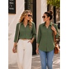 Zeagoo Button Down Shirts for Women 3/4 Length Sleeve Work Tops V Neck Shirts Dressy Casual Business Blouses with Pocket(A-green)