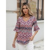Zeagoo Womens Tops Casual V Neck Shirts Floral Solid Blouse Ruffle Tunics 3/4 Sleeve Tshirt S-XXL(Boho Printing)