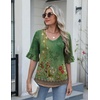 Zeagoo Womens Tops Casual V Neck Shirts Floral Solid Blouse Ruffle Tunics 3/4 Sleeve Tshirt S-XXL(Green Painting)